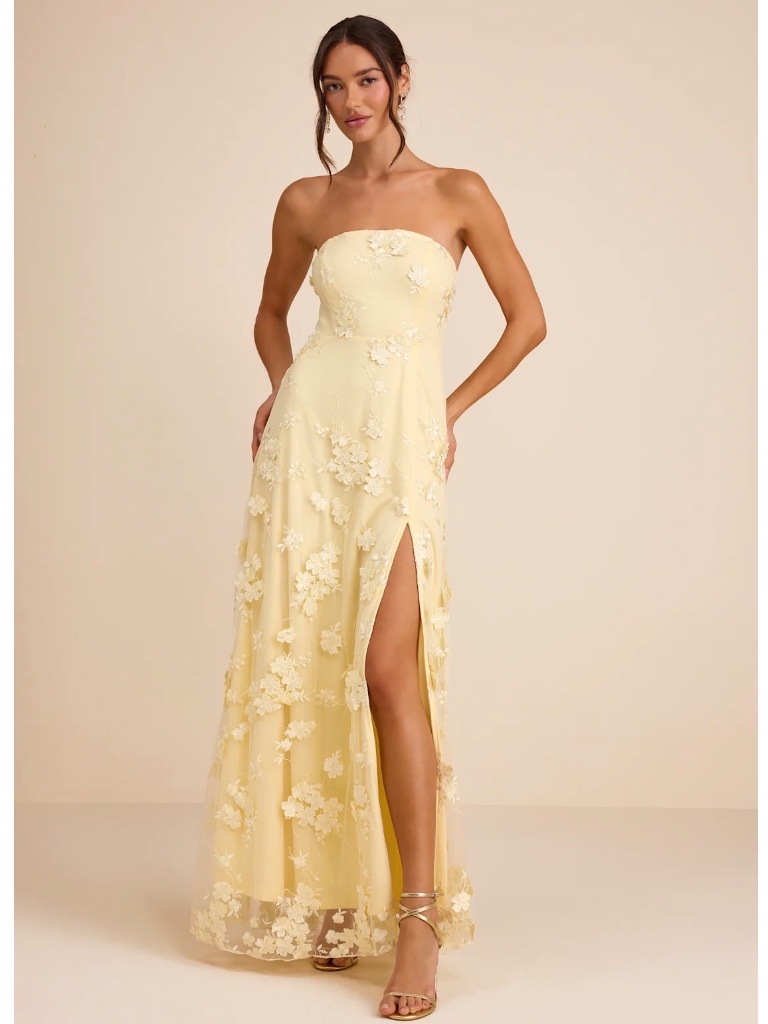 Nwot Lulus Rare Presence Light Yellow 3d Floral Embroidered Maxi Dress Xs